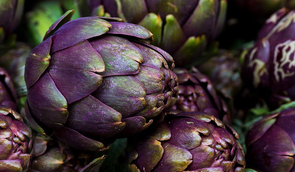Fresh purple artichokes with tightly packed leaves